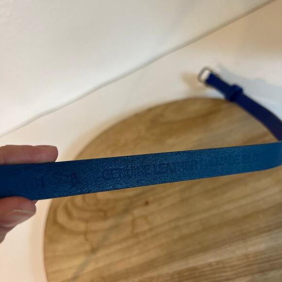 Vintage 90s Blue Genuine Leather Golden Buckle Belt Size Medium - Picture 3 of 7